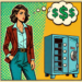 A woman in pop art style standing next to an empty safe with a thought bubble with dollar signs in it